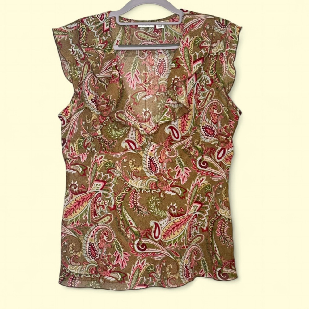 Cato Brown/Pink Paisley Print Babydoll Short Sleeve Ruffle V-Neck Sheer Blouse